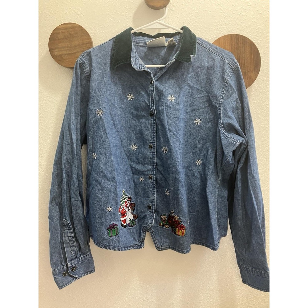 VTG 90s Bill Blass Women XL Denim Embroidered Christmas Snowflake Velvet Collar